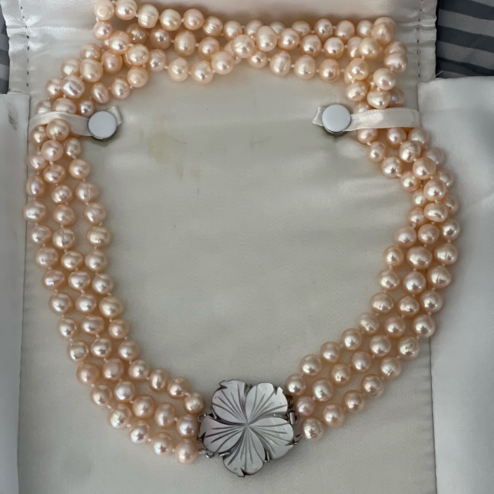 Price Drop Cultured FW Pearls AAA genuine 3 strand silk dbl knotted